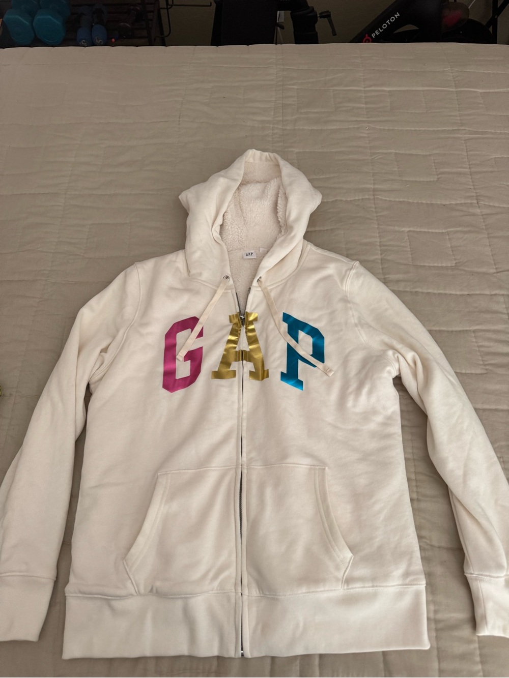 GAP White Sherpa-Lined Zip Hoodie with Pink, Gold & Blue Logo